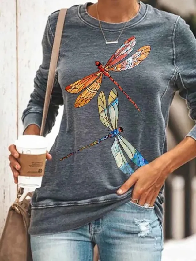 Women's Round Neck Dragonfly Print Pullover Casual Long Sleeves Grey - Shop at LoveMi