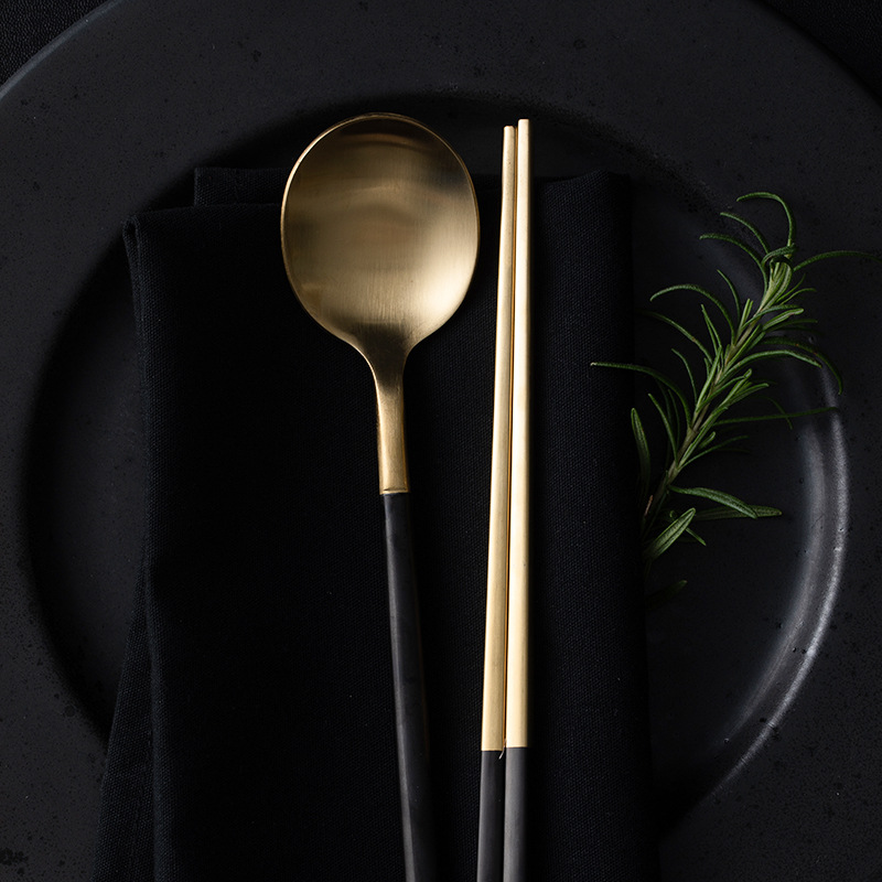 Home Creative Square European Chopsticks Spoon Tableware Black Gold Handle Long Chopsticks