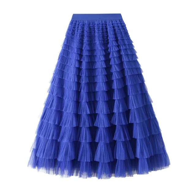A Line Mesh Ruffle Skirt Women's Temperament Sweet Long Skirt Slim Cupcake Dress Womens Clothing Royal - Shop at LoveMi