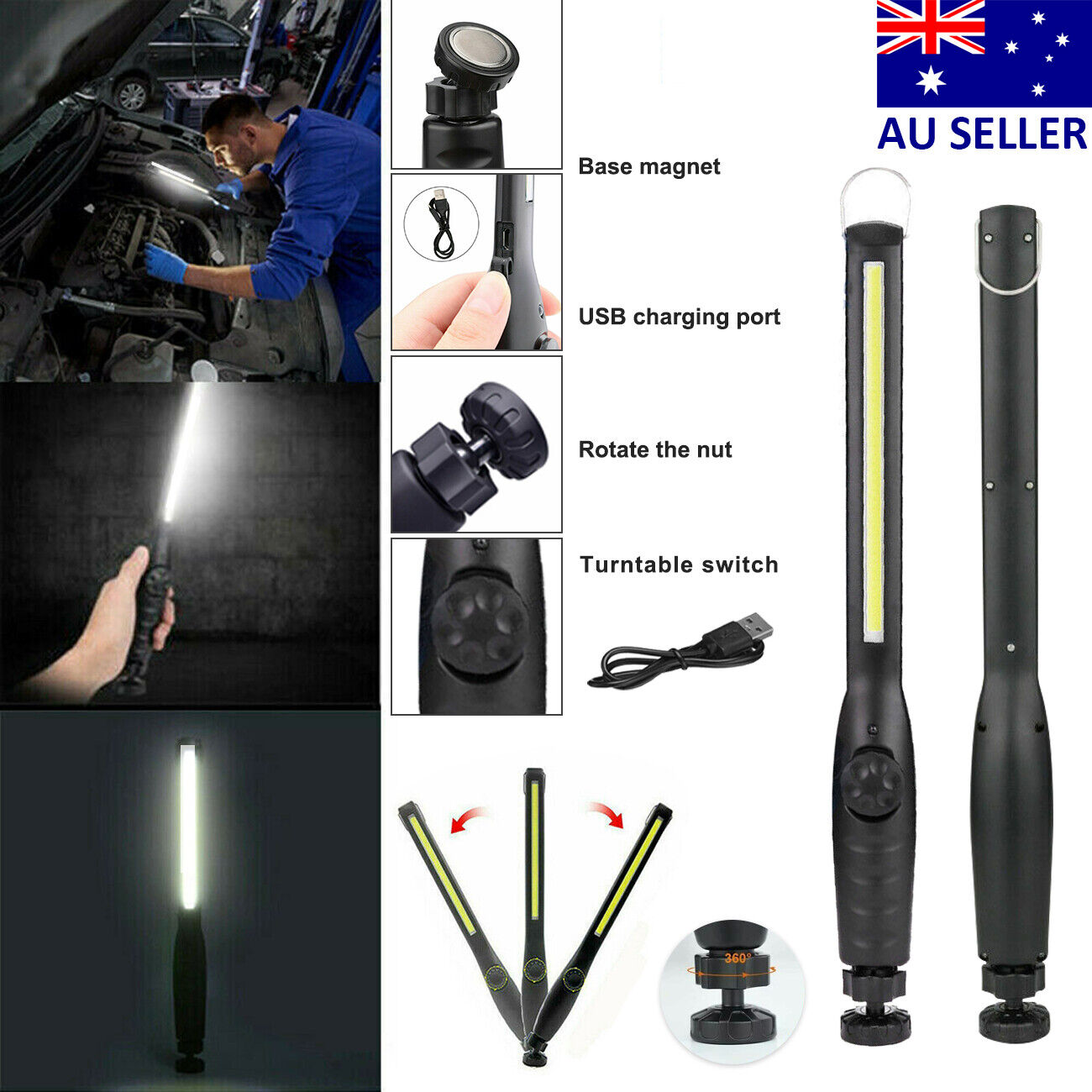 2PC USB Rechargeable COB LED Work Light Hand Torch Inspection Magnetic Base Lamp