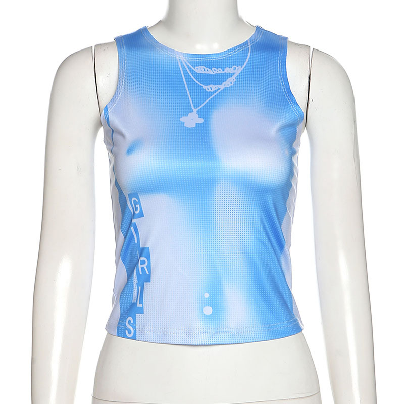 Round Neck Navel Exposed Printed Slim Fitting Bottom Tank Top Blue - Shop at LoveMi