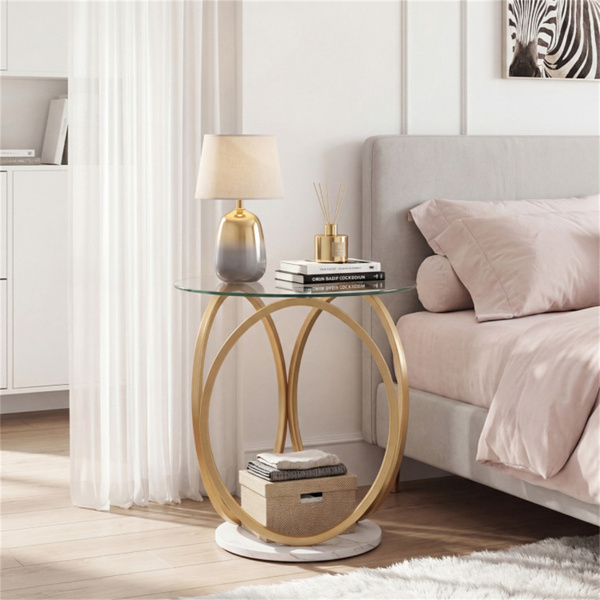 Modern Round Side Table With Tempered Glass And Marble Base_voghion.com
