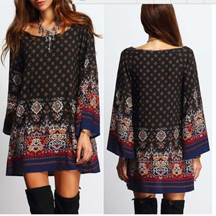 Printed Plus Size Loose Sleeve Positioned Flower Dress