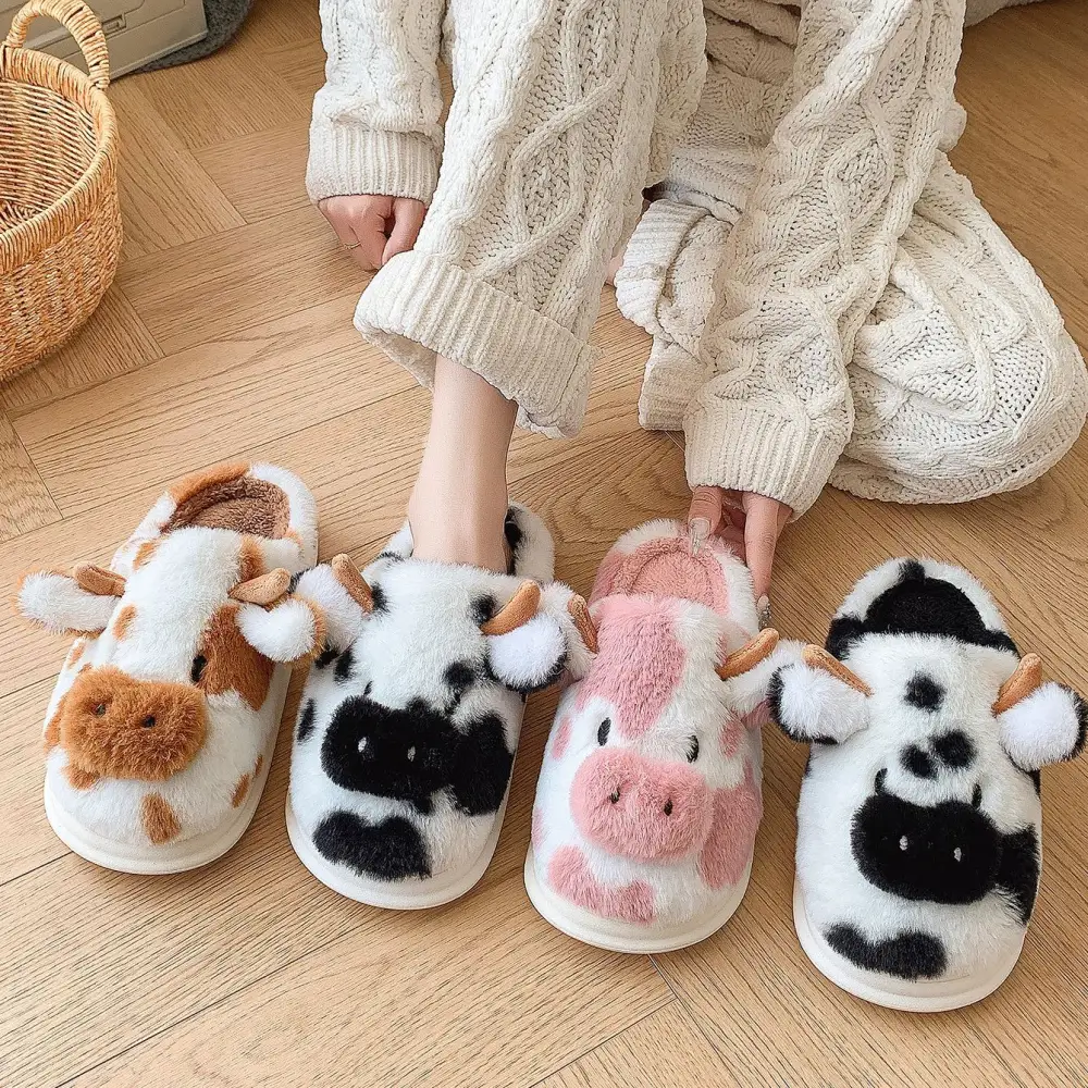 Cute Cartoon Cow Plush Slippers Winter Warm Indoor Bedroom