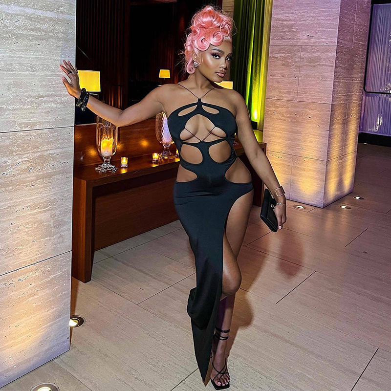 Irregular Long Sling Slit Nightclub Fitting Dress