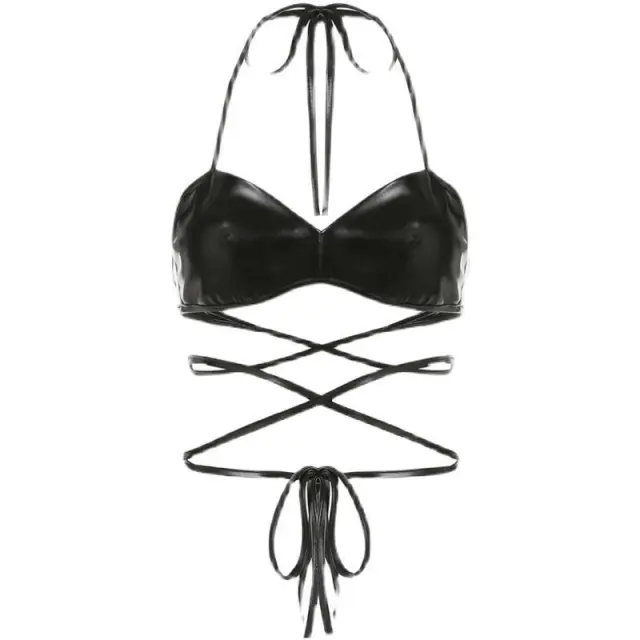 Bikini Pu Leather Camisole Backless Cross Strap Short Top Black - Shop at LoveMi