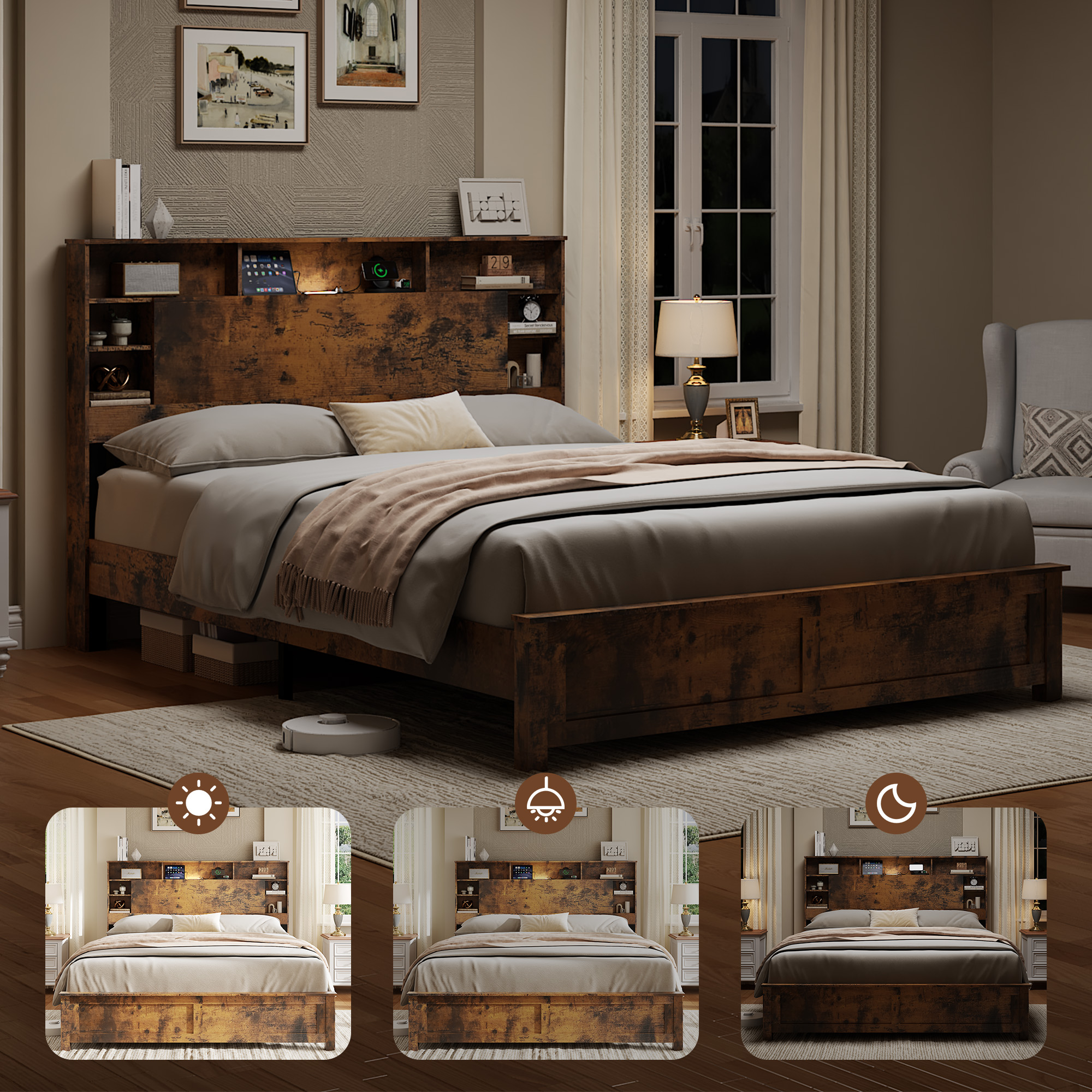 Full Wood Bed Frame With Bookcase Headboard, Charging Station & LED, Dark Brown — foto 3