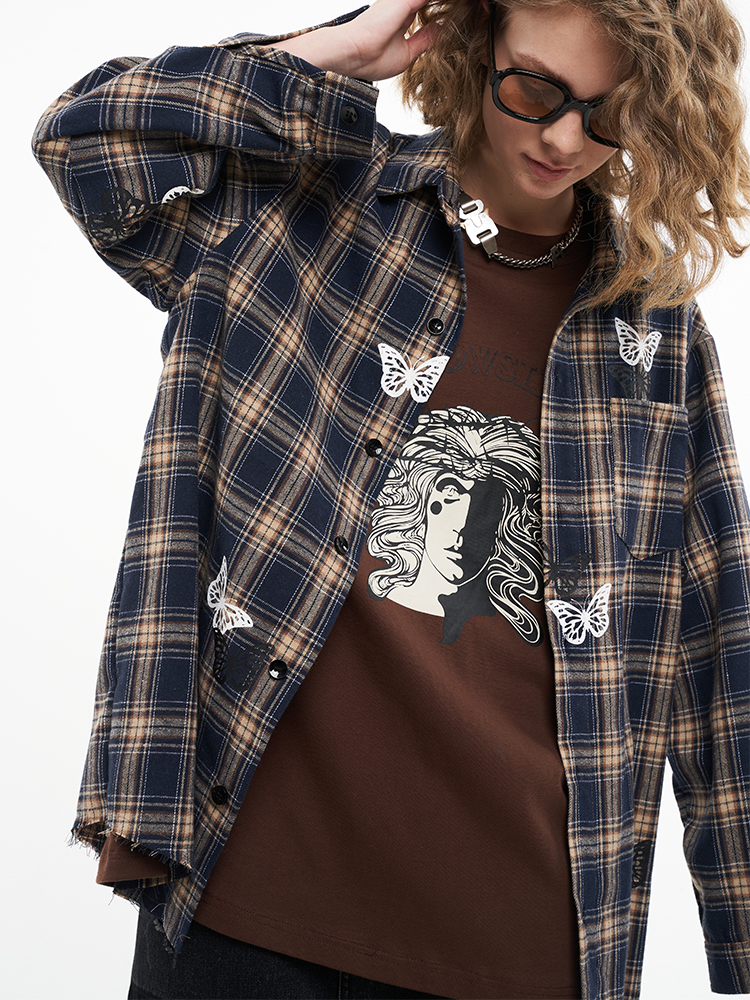 Check Vintage Butterfly Print Loose Check Jacket