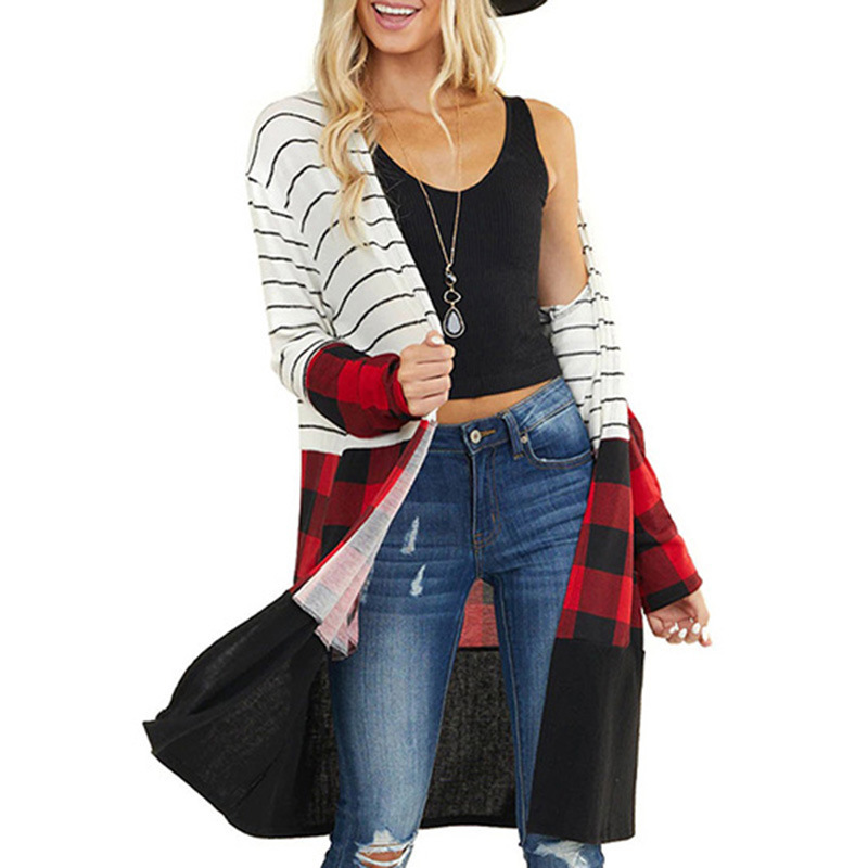 Striped Contrast Panel Plaid Casual Women's Jacket
