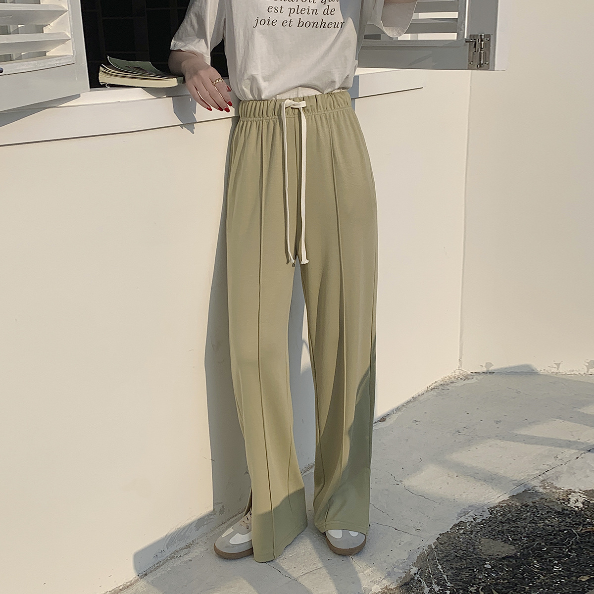 Title 8, High Waist Slit Slim Casual Wide Leg Trousers