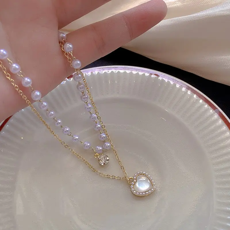 Summer Pearl Double Layer Love Necklace Girl