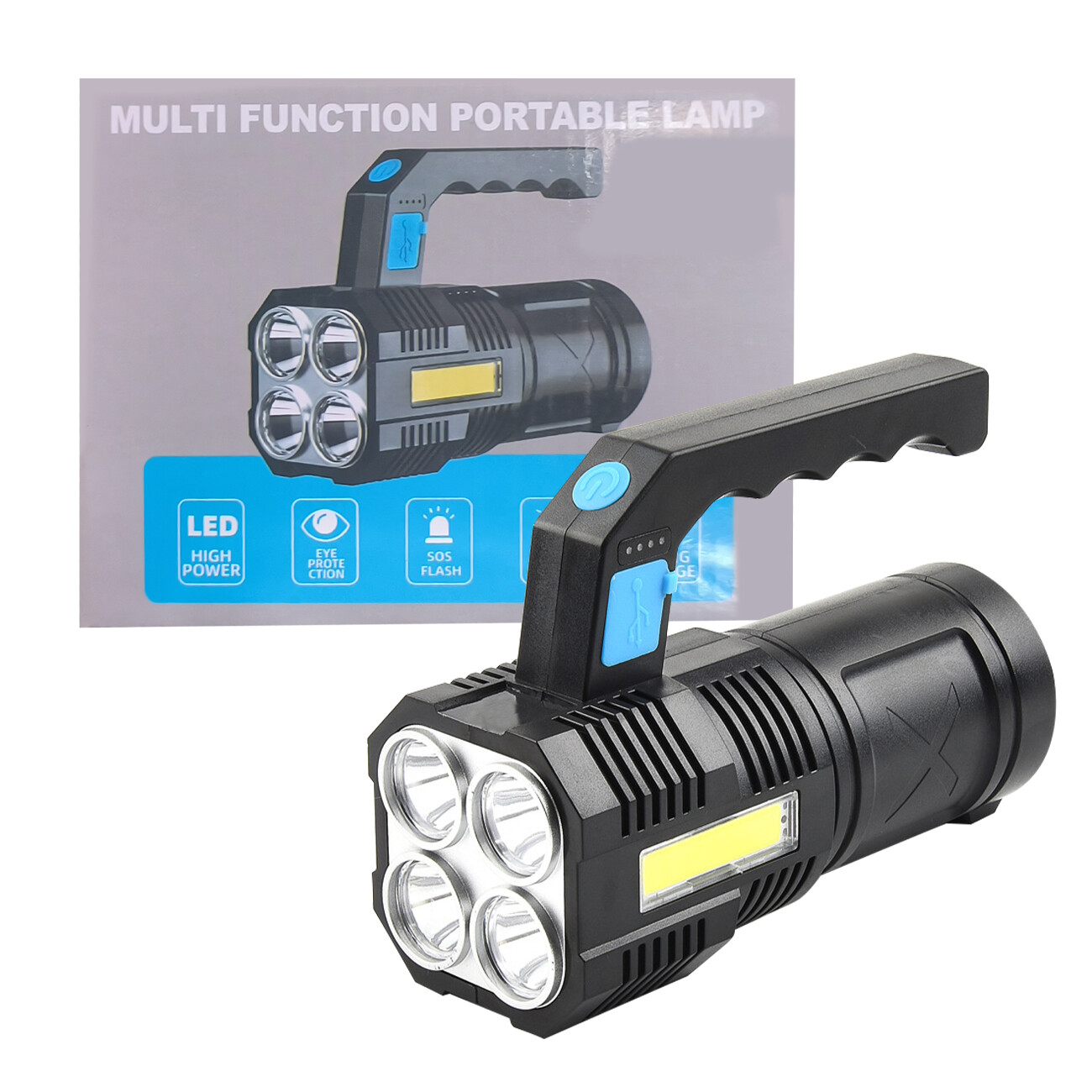 LED Flashlight USB Rechargeable Torch COB Spotlight Camping Light High Lumens Em