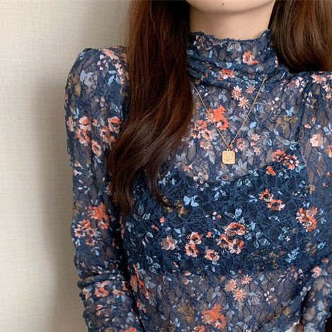 Title 2, Lace High Collar Floral Long-sleeved Bottoming ...