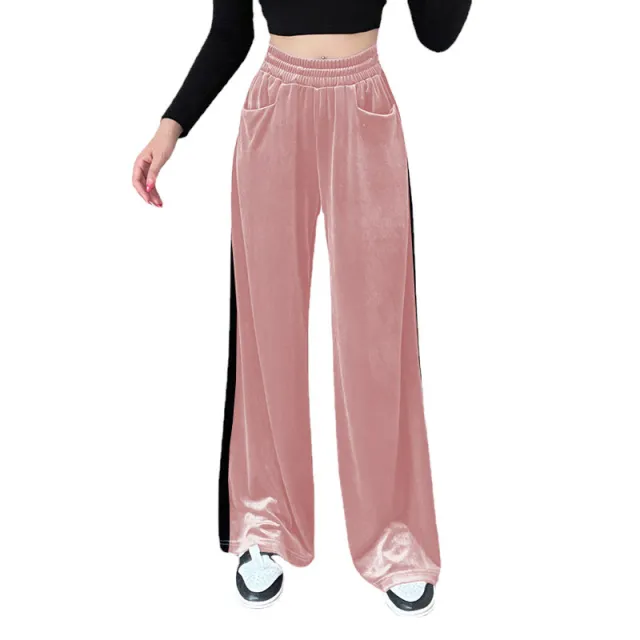 Suede Waistband Versatile Vertical Splicing Straight Trousers Pink - Shop at LoveMi