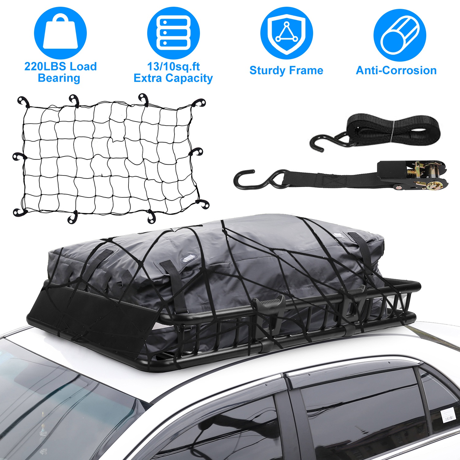 1Pc 63x39x6.3in Universal Roof Rack Cargo Carrier Car Top Luggage Holder Basket With Hook Strap Elastic Net — foto 9