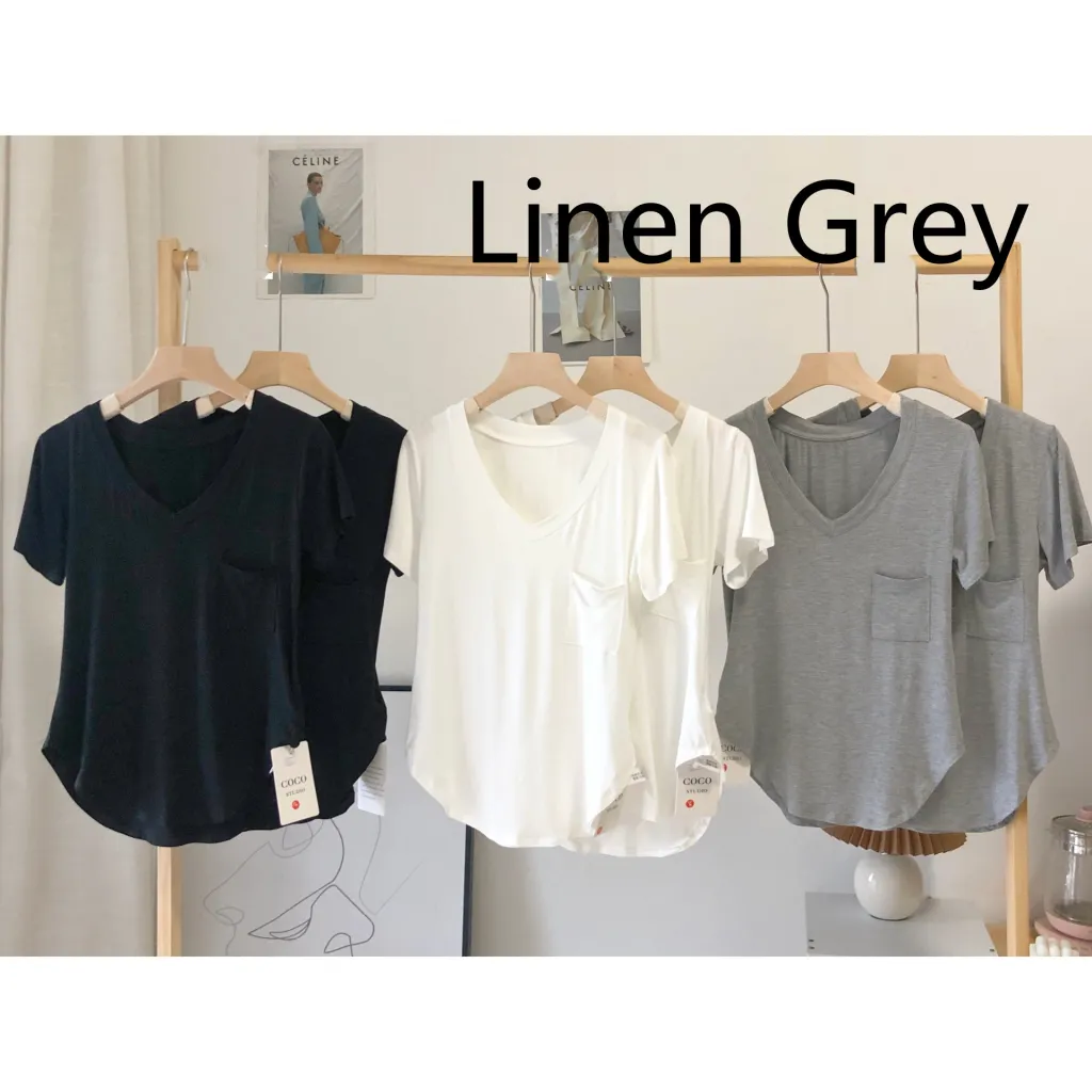 Draping Clavicle T-shirt Female Summer Loose Korean Mid-length Bottoming Shirt Short-sleeved Casual V-neck Top - Linen