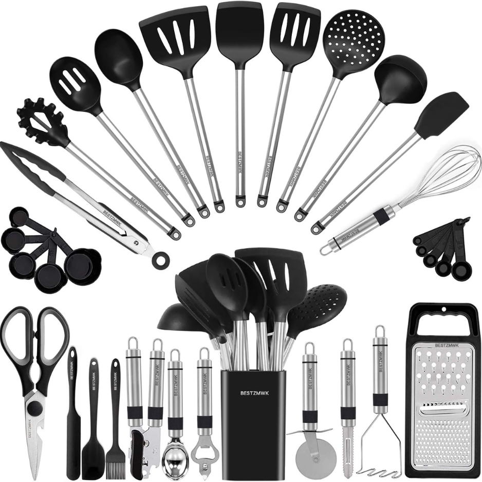 Kitchen Utensil Set Silicone Cooking Utensils 33 Kitchen Gadgets Spoons For Nonstick Cookware Silicone And Stainless Steel Spatula Set-Best Kitchen Tools, Useful Pots And Pans Accessories
