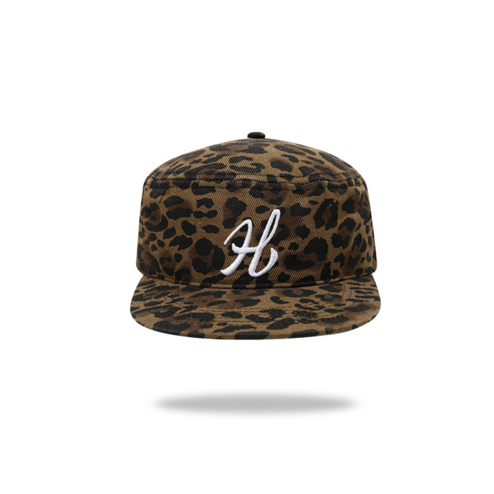 Men's And Women's Matching Leopard Print Embroidered H-Style Flat Brim Vintage Cool Outdoor Camping Weekend Party Daily Sun Protection Flat Top Hat