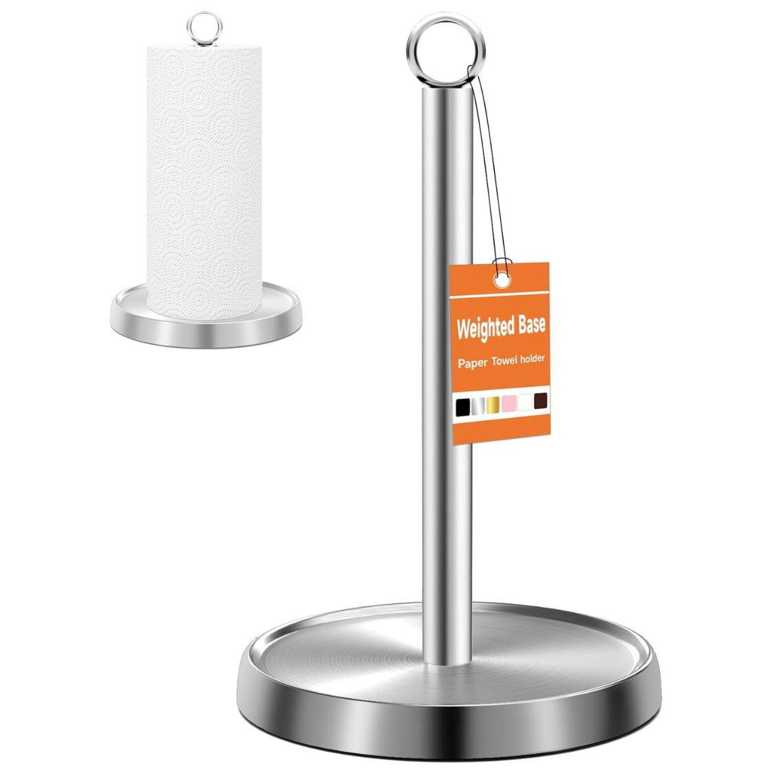 Silver Stainless Steel Paper Towel Holder Countertop With Weighted Non-Slip Base Freestanding Stand Fits Standard And Jumbo Rolls For Kitchen Bathroom Decor