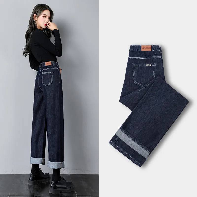Women's Pants With High Waist And Thin Legs - Dark Blue Trousers