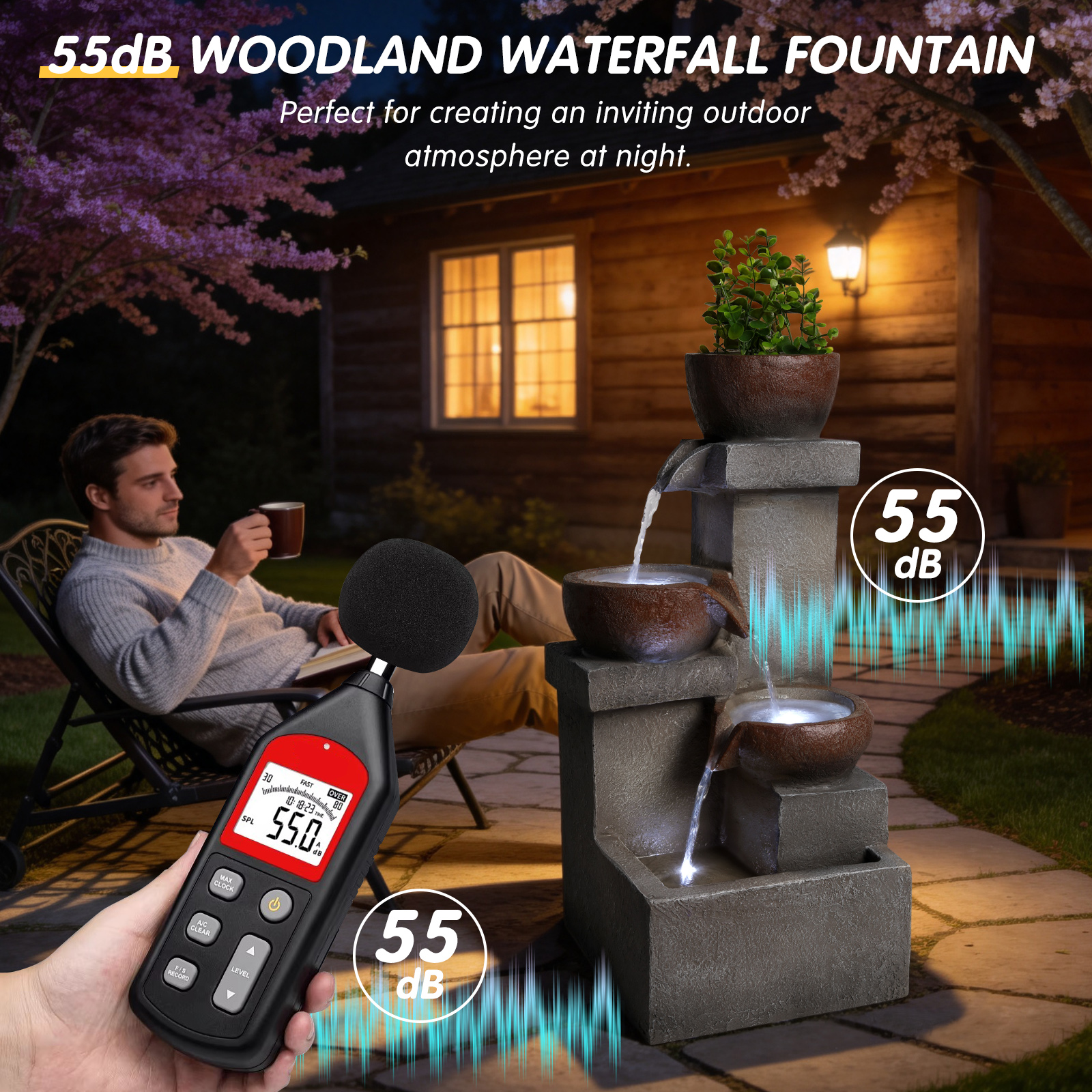Outdoor Water Fountain Tiered Cascading Jar Waterfall Resin Garden Patio Decor With LED Lights — foto 5