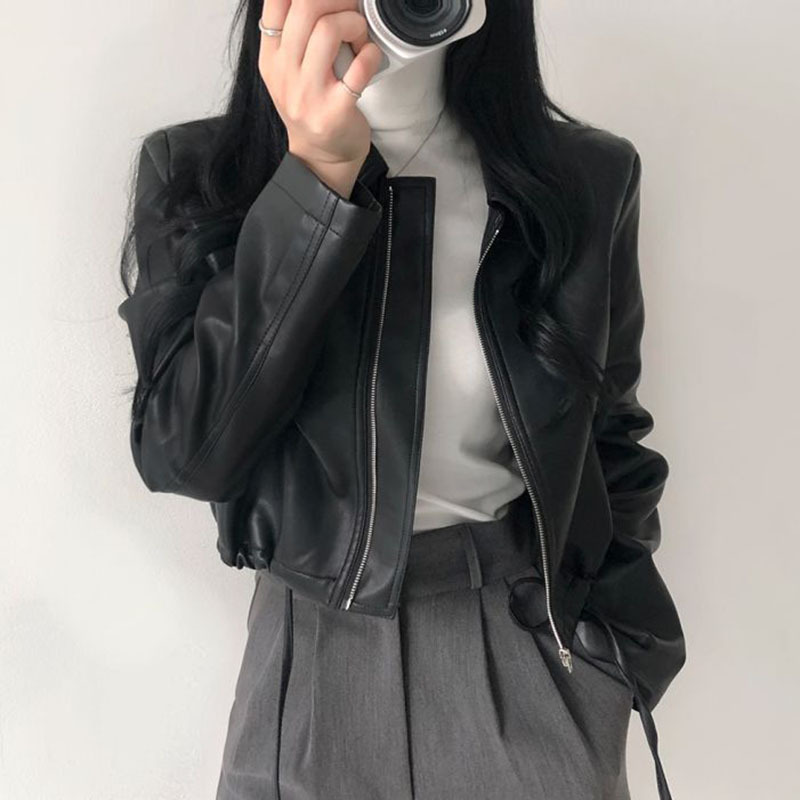 Lapel Zipper Loose Casual Short Leather Coat Black - Shop at LoveMi