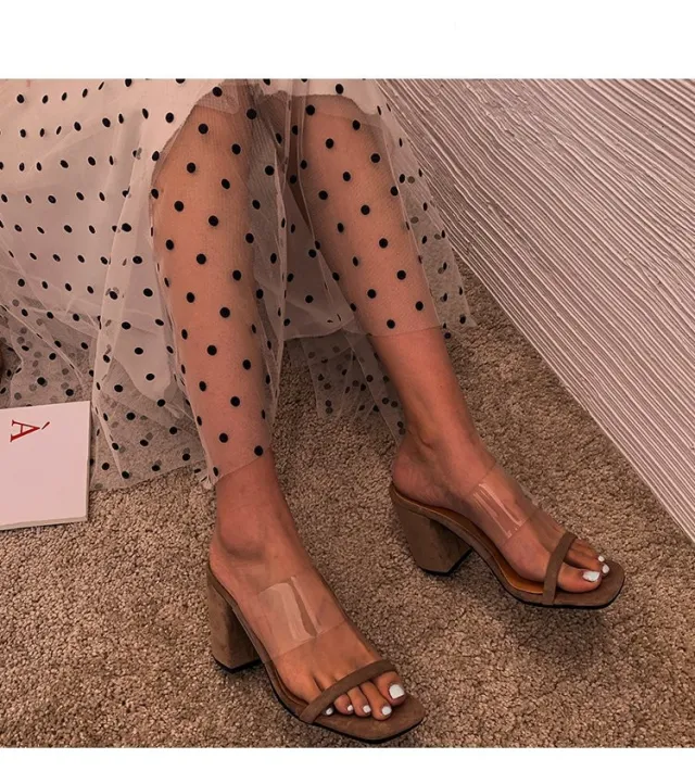 Transparent Upper Block Heel High Heel Sandals Khaki - Shop at LoveMi