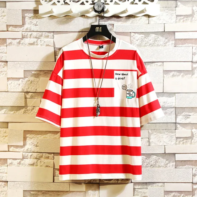 New Men's Fashion Striped Round Neck Short sleeved T shirt Red - Shop at LoveMi