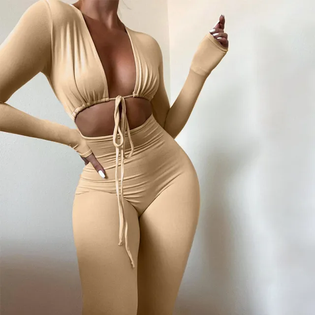 Solid Color Sexy Lace up Hollow Long sleeved Skinny Jumpsuit Khaki - Shop at LoveMi