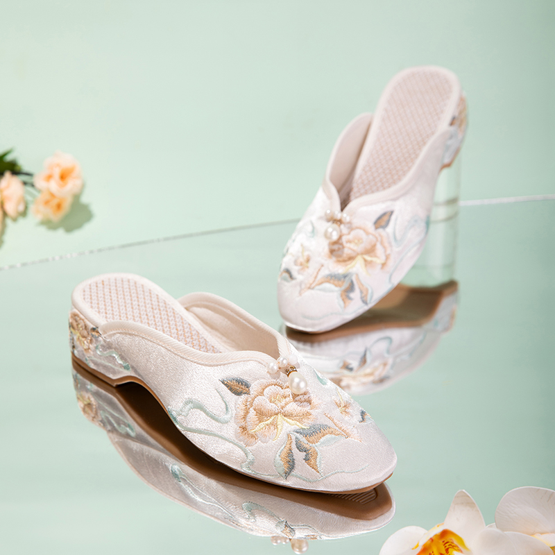 Embroidered Satin Low Heel Flats