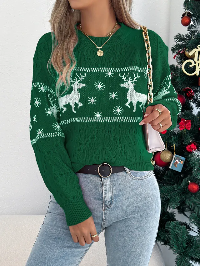 Deer Pattern Lantern Sleeve Pullover Sweater Green - Shop at LoveMi