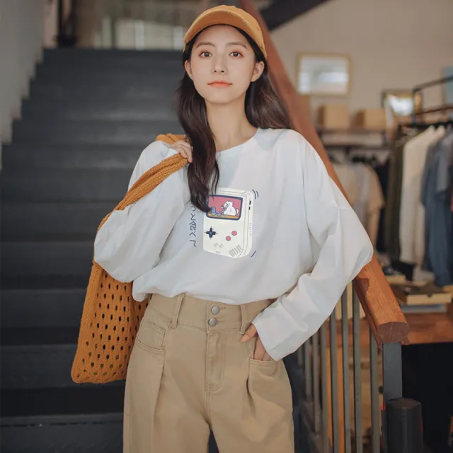 Pure Cotton Long sleeved T shirt Women's Thin Loose Bottoming Round Neck Top White - Shop at LoveMi