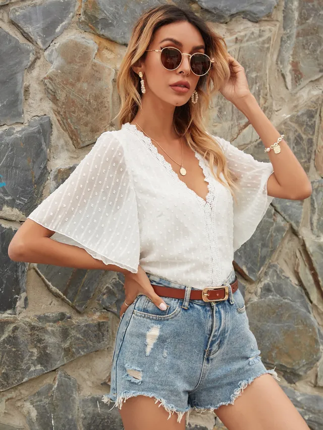 Women's Loose Solid Color Small Chiffon Sequin Pullover T shirt Top White - Shop at LoveMi