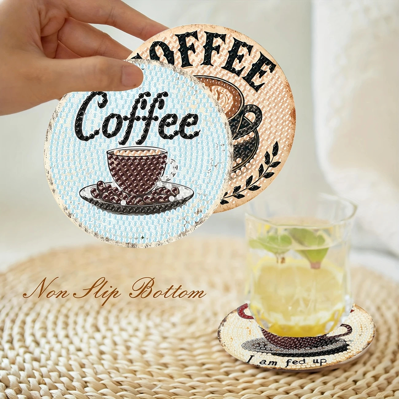 Diamond Art Drawing Coaster With Bracket, DIY Coffee Pattern Diamond Art Coaster, Suitable For Adults And Beginners Diamond Drawing Kit, Diamond Kit Craft Supplies, Exquisite Gifts For Friend