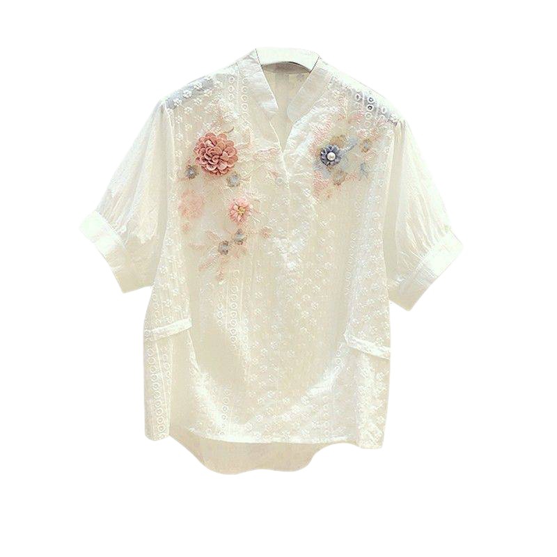 Retro Embroidery Flower Collar Short-sleeved Cotton Shirt Women Casual Style