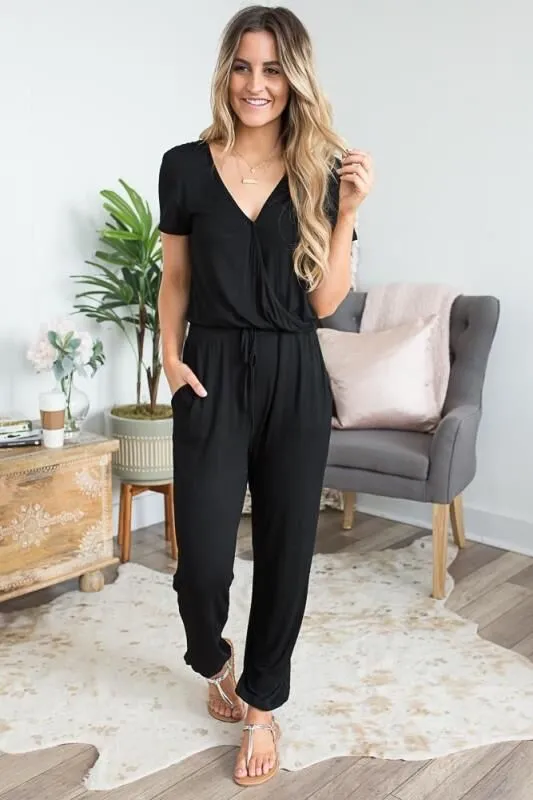 Women's Elastic Waist Drawstring Pocket Straight Leg Jumpsuit Black - Shop at LoveMi