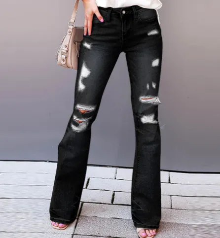 Autumn and winter micro flare jeans straight leg European and American women's ripped jeans Black - Shop at LoveMi