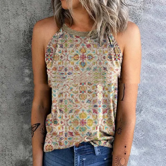 Spaghetti strap Floral Print Women's Vest T shirt Khaki Floret - Shop at LoveMi