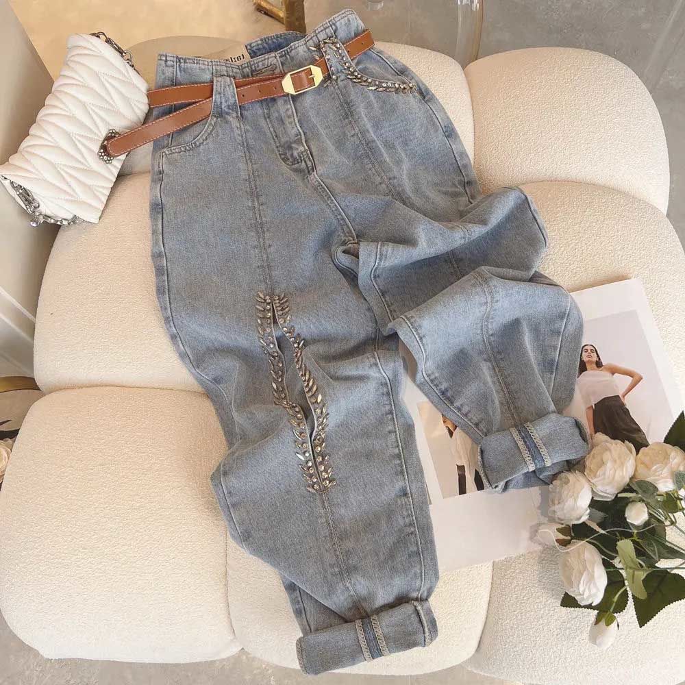 Women's Heavy Duty Beaded Cutout Loose Jeans