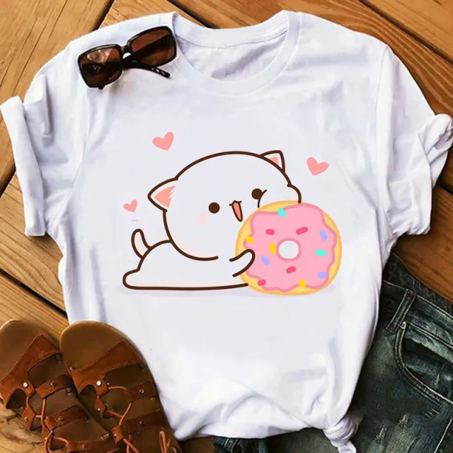 Cute Cartoon Cat Print Couple White T shirt Loose Round Neck 3 Style - Shop at LoveMi