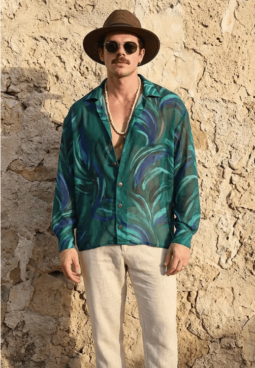 Retro Emerald Tropical Leaf Print Sheer Oversized Shirt