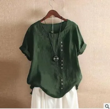 Retro Plus Size Casual Loose Cotton And Linen Short sleeved Pullover T shirt Green - Shop at LoveMi