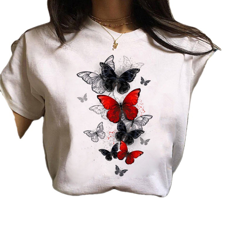 Title 2, Summer Butterfly Round Neck Loose T-shirt Casual