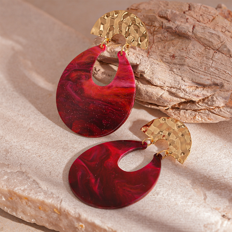 1 Pair Ankara Red U-shaped Earrings For Women, Exaggerated Retro Resin Marbled 925 Silver Needle Luxury Earrings