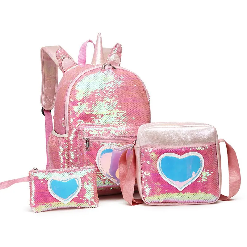 Sequin Backpack Three-piece Schoolbag Women's Backpack - Pink