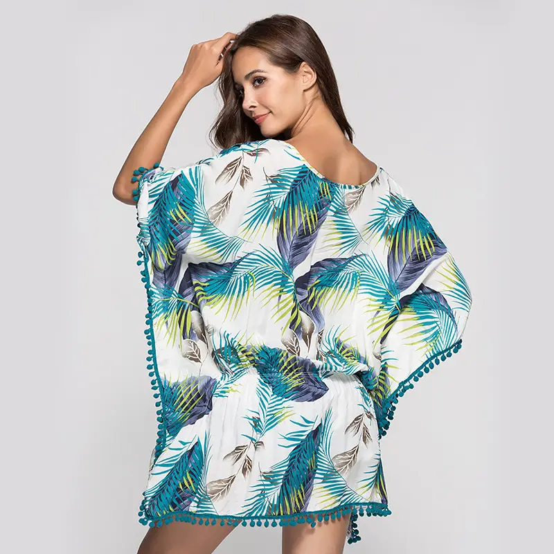 Bat Sleeve Fringed Short Print Dress