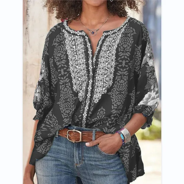 New Round Neck Folk Style Bat Sleeve Vintage Printed Blouse For Women Black - Shop at LoveMi