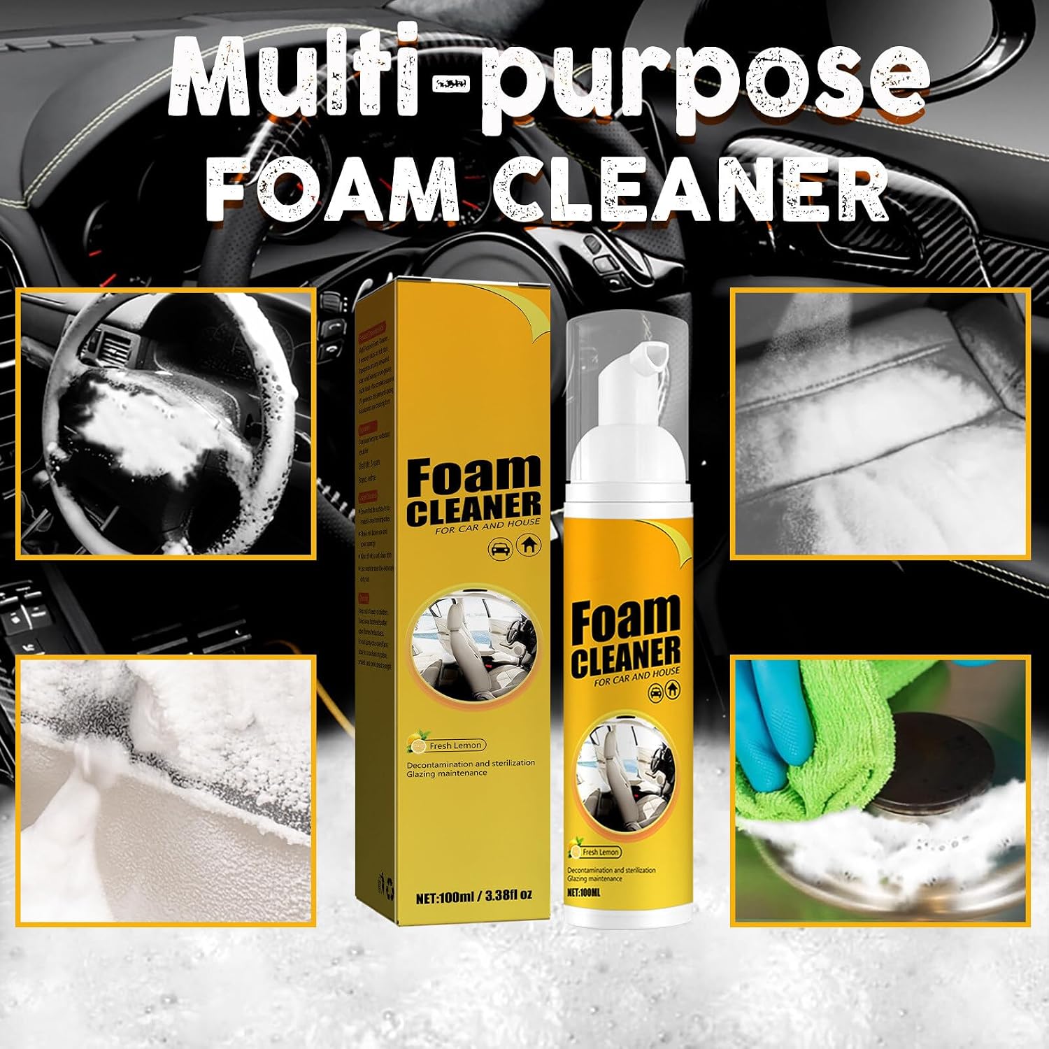 2Pcs Multipurpose Foam Cleaner Spray 100ml, Foam Cleaner For Car And House Lemon Flavor, All-Purpose Household Cleaners For Car And Kitchen 3