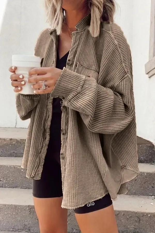 Button Shirt Jacket Women Lapel Long Sleeve Blouse Fashion Jacket Tops - Khaki
