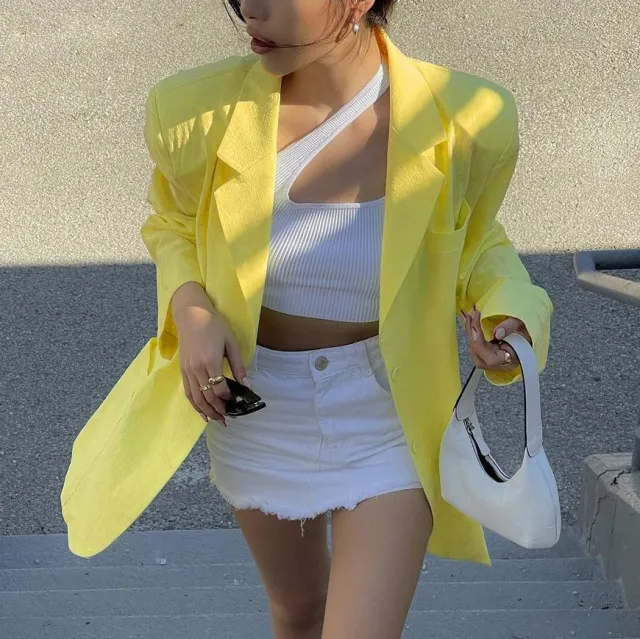 Women's Loose Bag Buckle Shoulder Pad Jacket All match Fashionable Casual Suit Yellow - Shop at LoveMi